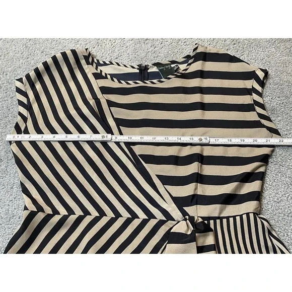 Gabby Skye Striped Mini Dress Sz 14 Beige Black Side Tie Workwear Party Wedding - Picture 7 of 13